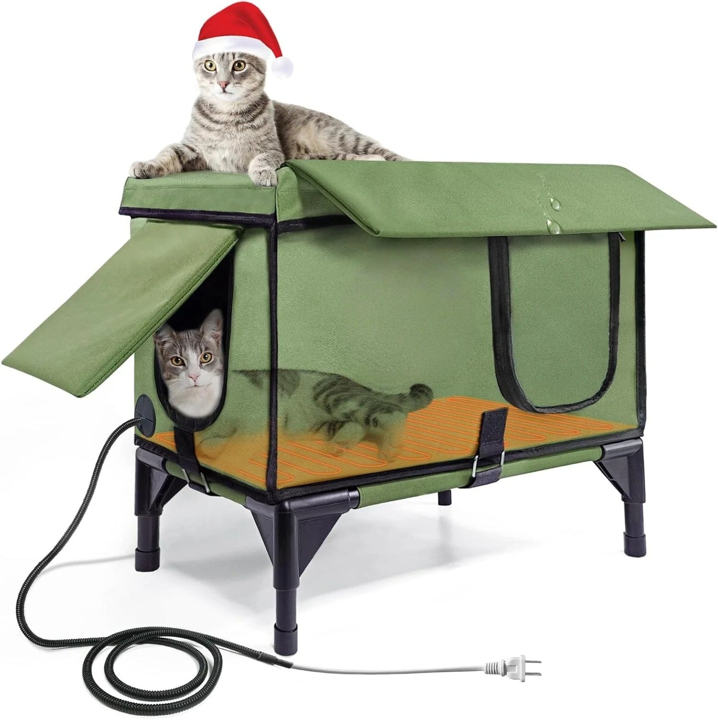 Heated Outdoor Cat House – Waterproof Winter Shelter with Rainproof Roof & Dual Escape Doors