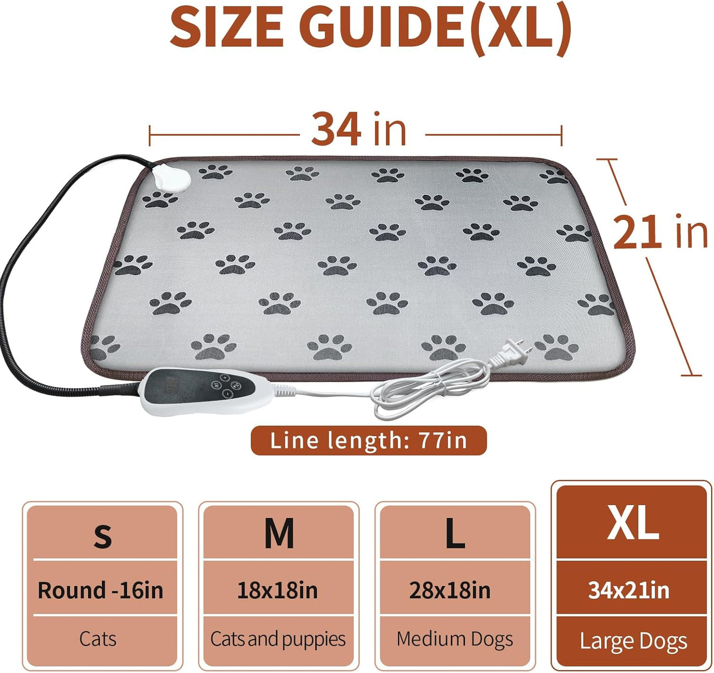 Waterproof Heated Dog Bed – 28"x18" Thermostat-Controlled Pet Pad with Non-Slip Wire & Paw Print Design