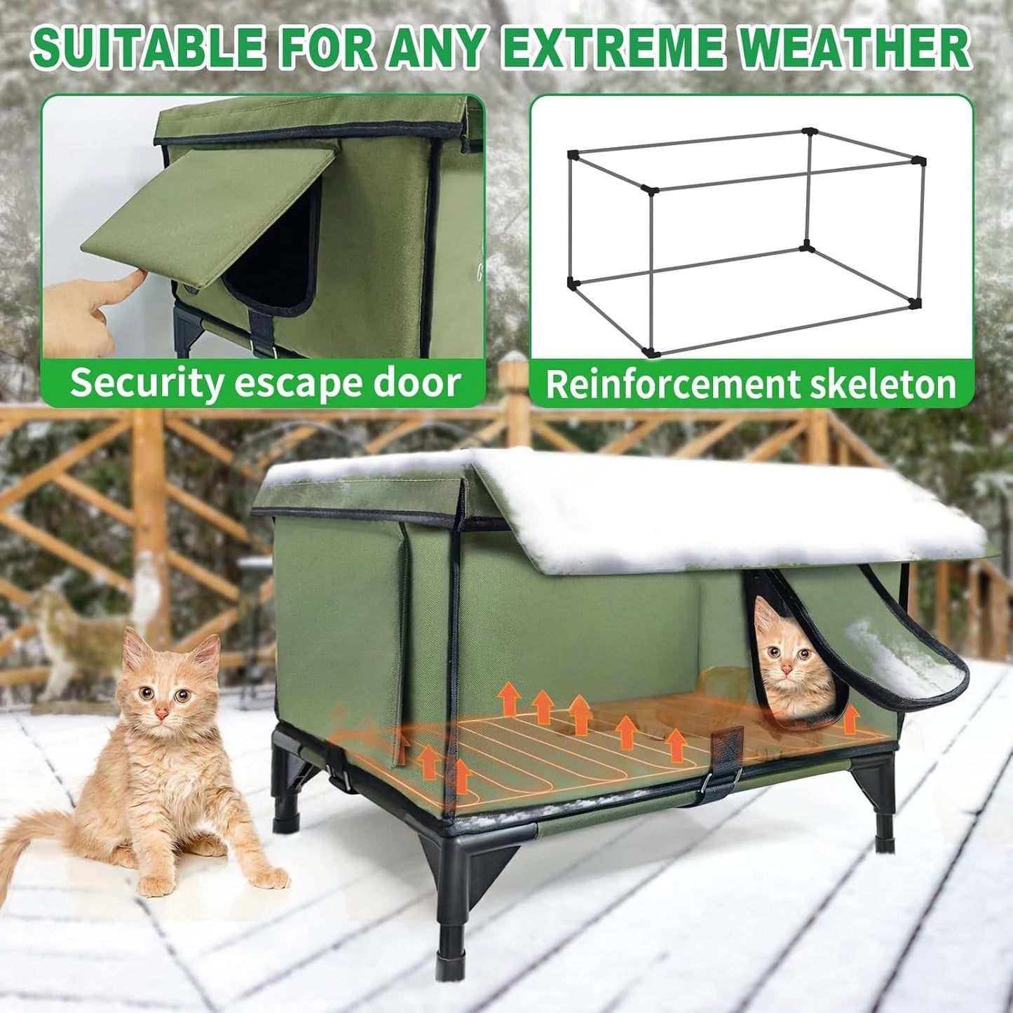 Heated Outdoor Cat House – Waterproof Winter Shelter with Rainproof Roof & Dual Escape Doors