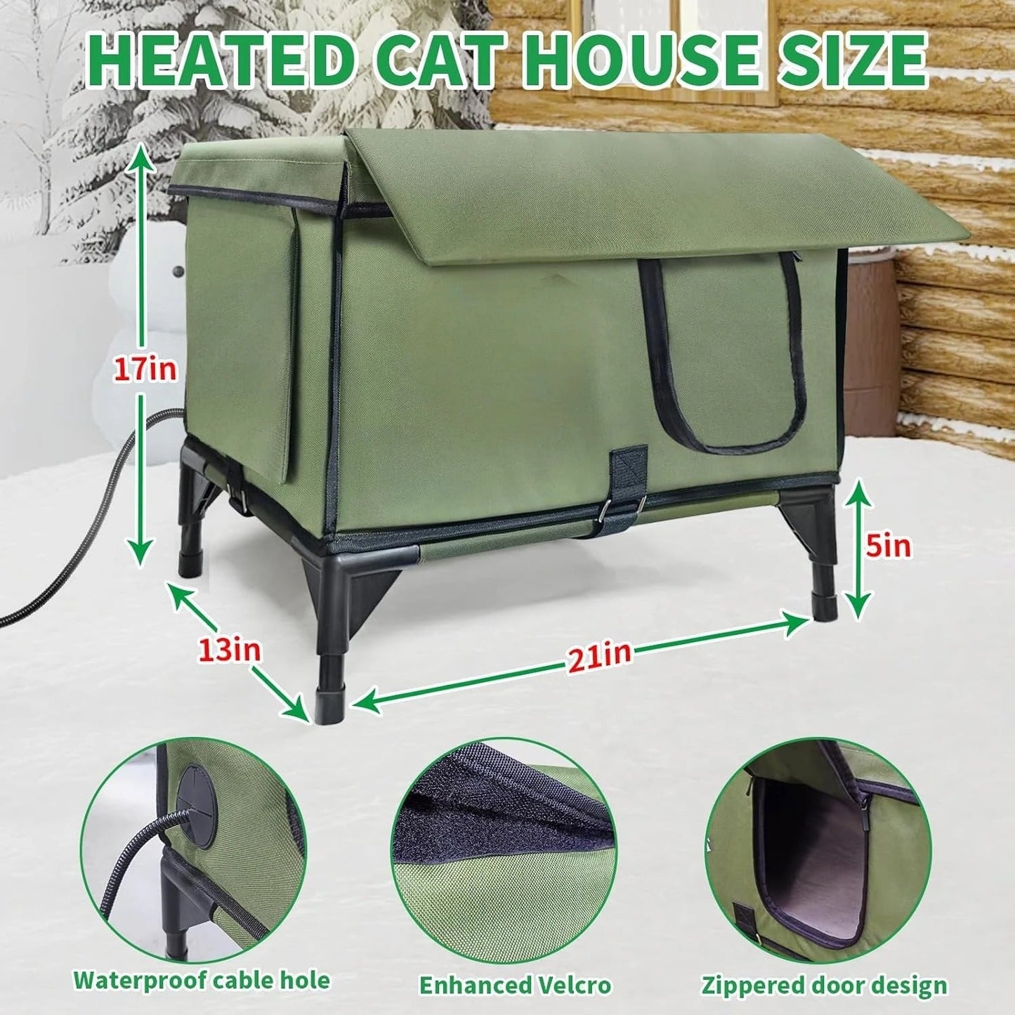 Heated Outdoor Cat House – Waterproof Winter Shelter with Rainproof Roof & Dual Escape Doors