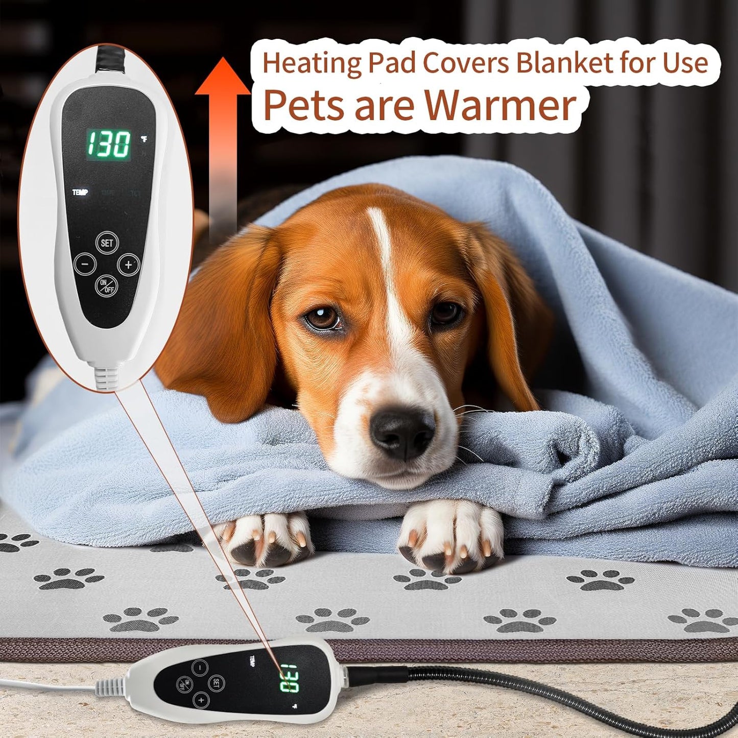 Smart Heated Dog Pad (28"x18") – Waterproof Pet Bed with Adjustable Thermostat, Steel Wire Cord & Paw Print Design