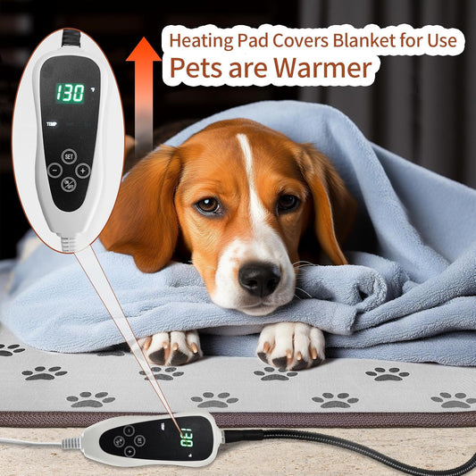 Smart Heated Dog Pad (28"x18") – Waterproof Pet Bed with Adjustable Thermostat, Steel Wire Cord & Paw Print Design