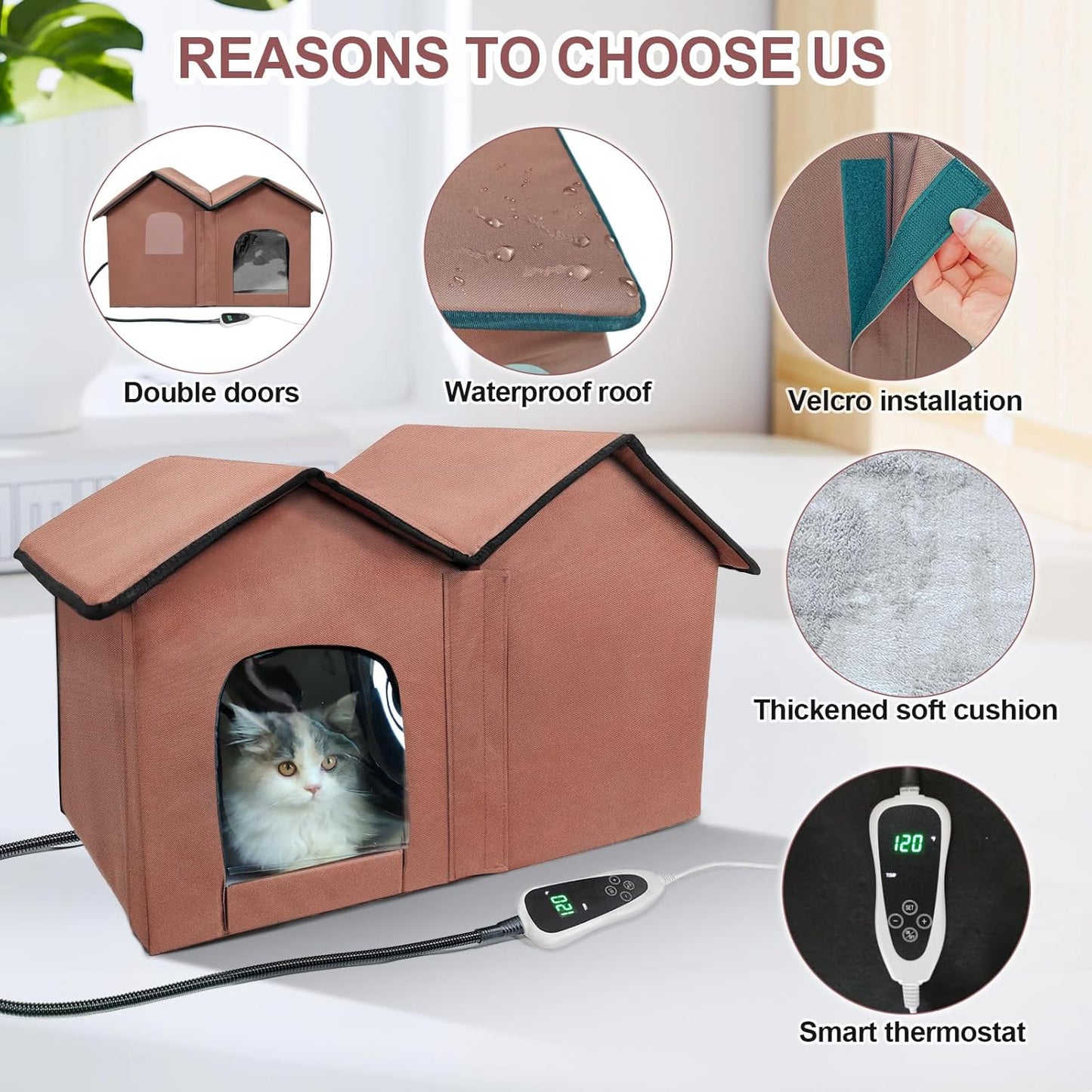 Spacious Heated Cat House – All-Weather Shelter with Insulation, Safety Doors & Heating Pad