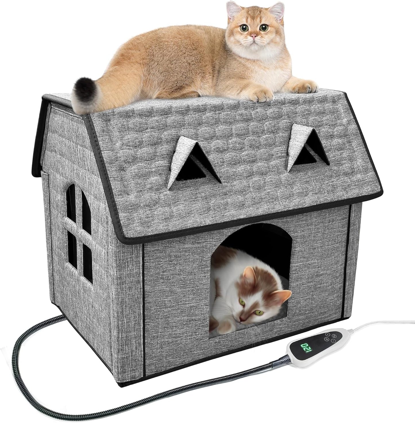 Spacious Heated Cat House – All-Weather Shelter with Insulation, Safety Doors & Heating Pad